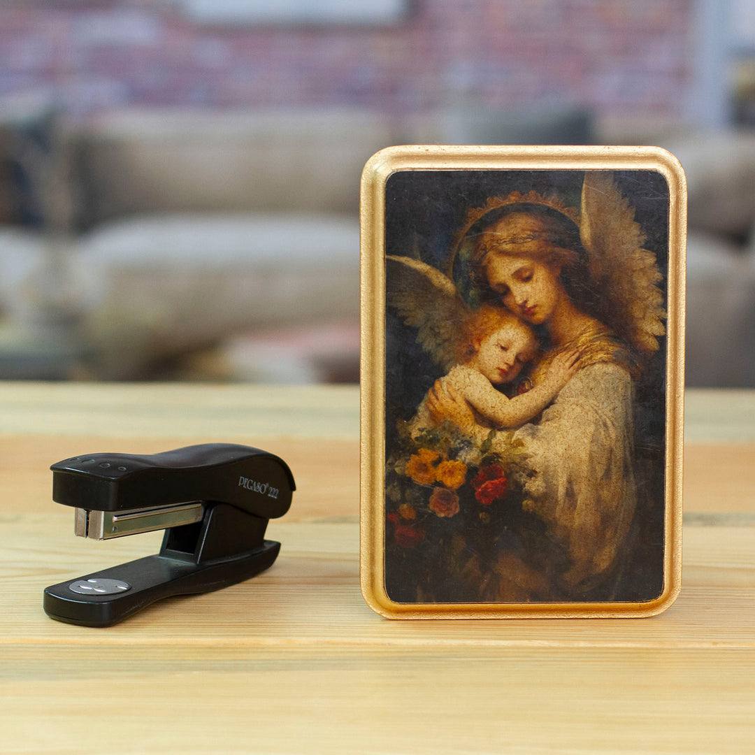 Decoupage on Pinewood Antique Wall Plaque of Angel and Child - Angel and Child
