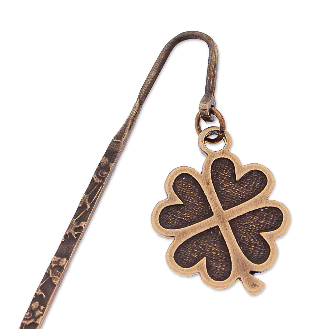 Zamac Metal Bookmark with Antique-Finished Golden Clover - Lucky Royal Petals