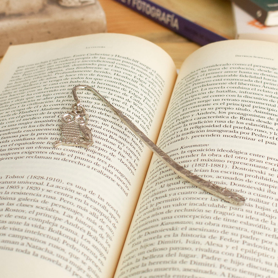 High-Polished Zamac Metal Bookmark with Silver Owl Charm - Silver Wisdom
