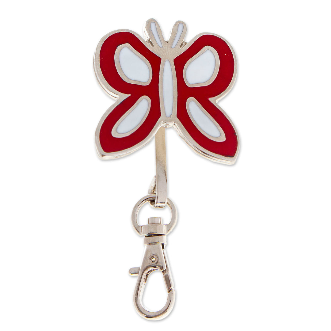 Butterfly-Themed Red and White Resin and Zamac Keychain - Fluttering in Romance
