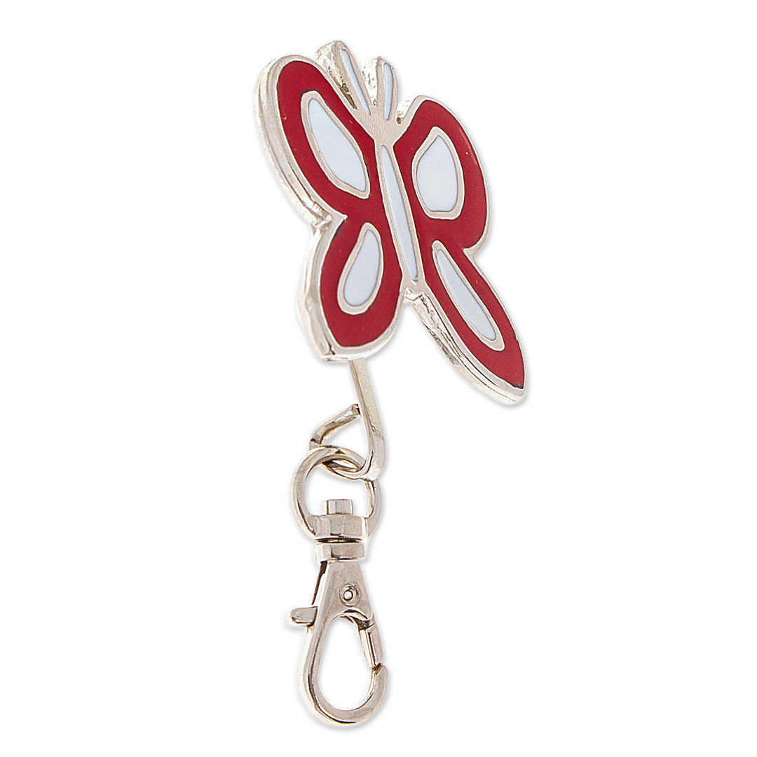 Butterfly-Themed Red and White Resin and Zamac Keychain - Fluttering in Romance