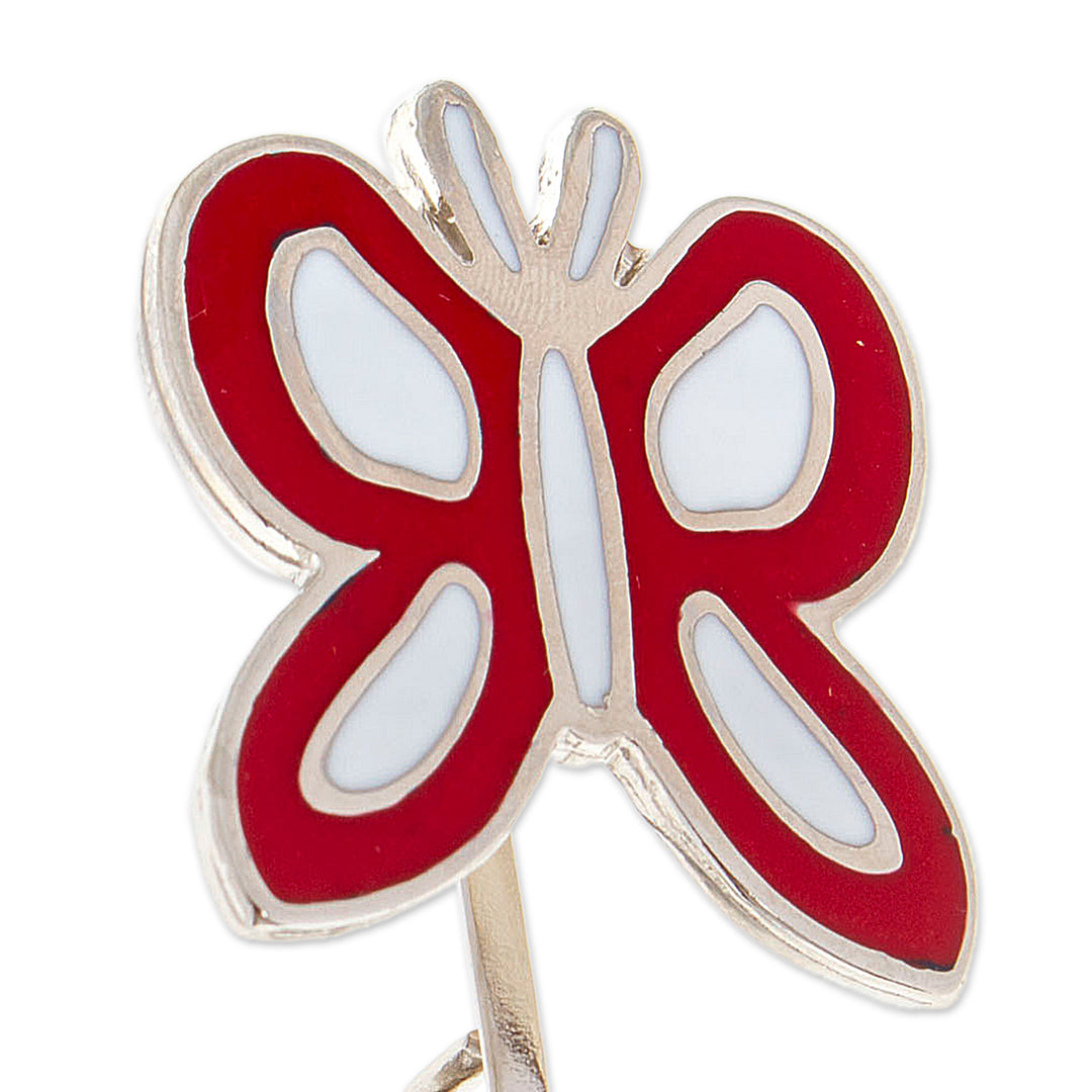 Butterfly-Themed Red and White Resin and Zamac Keychain - Fluttering in Romance