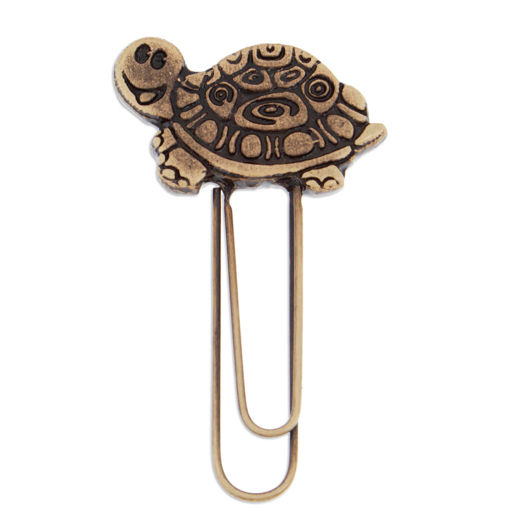 Antique-Finished Golden Zamac Metal Turtle Clip Bookmark - Regal Carapace