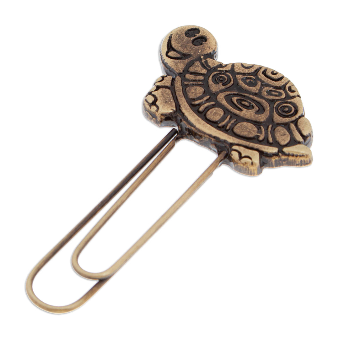 Antique-Finished Golden Zamac Metal Turtle Clip Bookmark - Regal Carapace