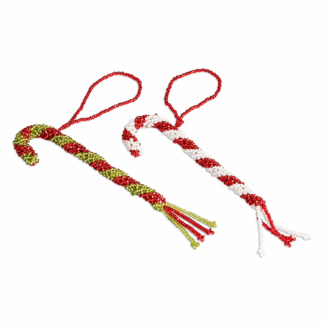 Pair of Glass Beaded Candy Cane-Themed Christmas Ornaments - Candy Cane Duo