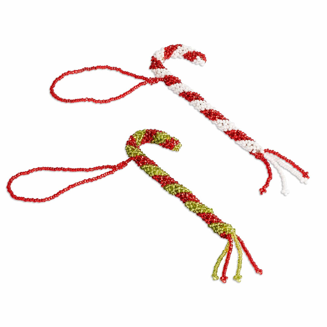 Pair of Glass Beaded Candy Cane-Themed Christmas Ornaments - Candy Cane Duo