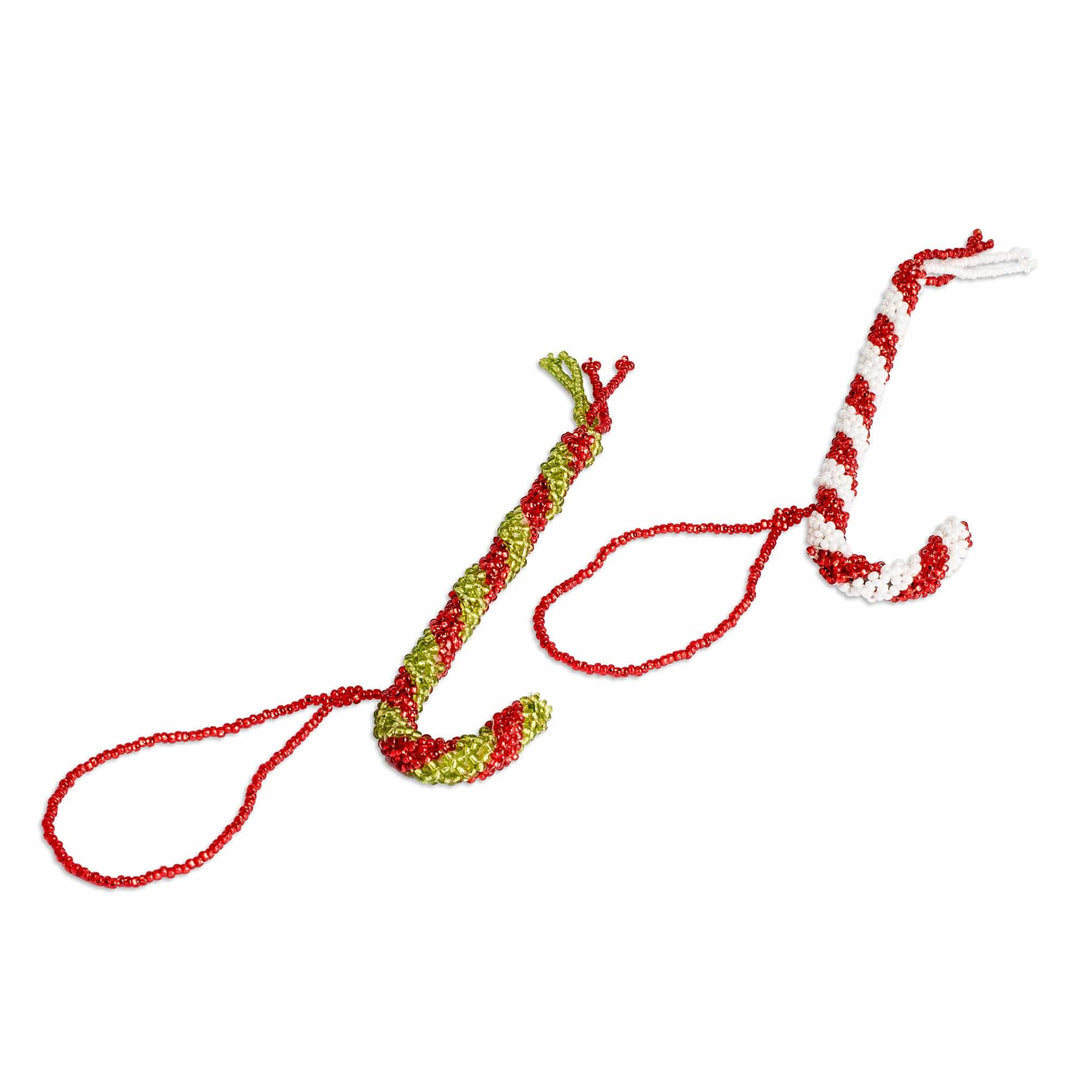 Pair of Glass Beaded Candy Cane-Themed Christmas Ornaments - Candy Cane Duo