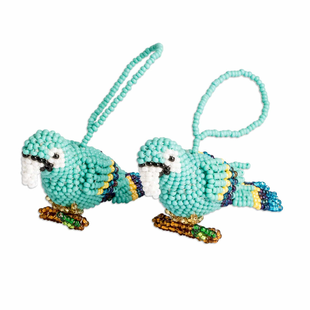 Pair of Glass Beaded Macaw-Themed Ornaments from Guatemala - Marvelous Macaws