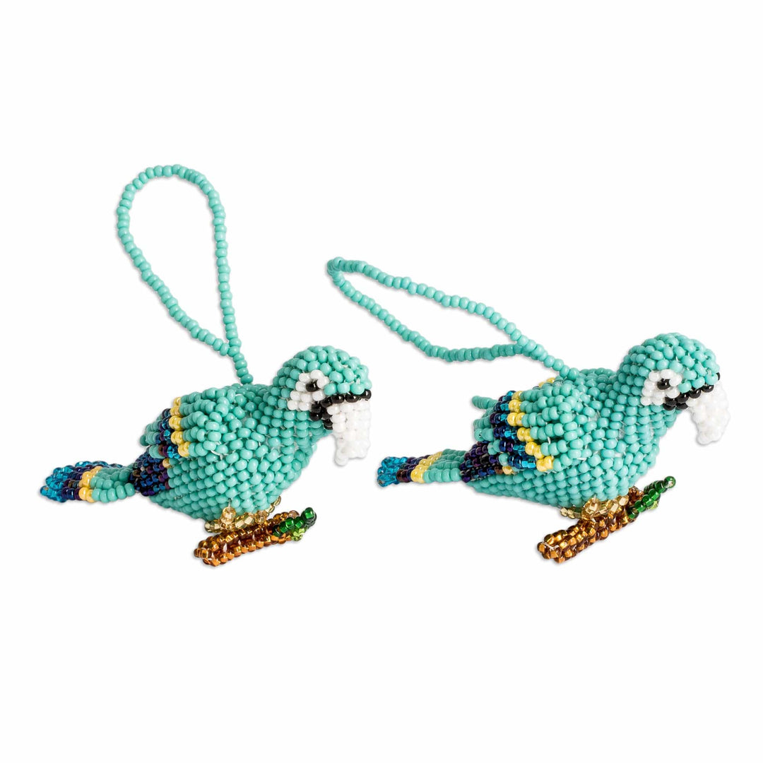 Pair of Glass Beaded Macaw-Themed Ornaments from Guatemala - Marvelous Macaws