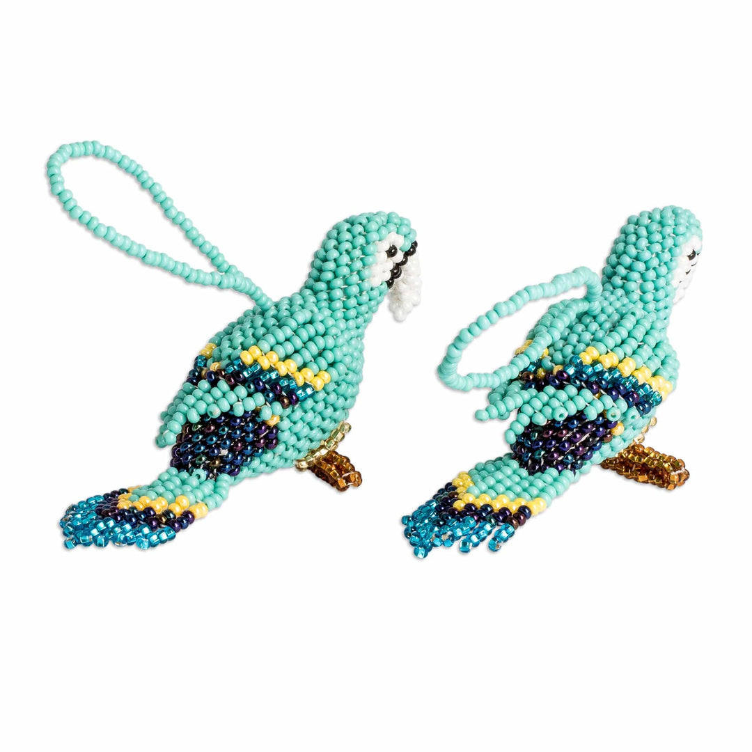 Pair of Glass Beaded Macaw-Themed Ornaments from Guatemala - Marvelous Macaws