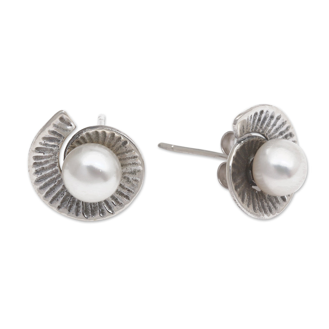 Whirl-Shaped Grey Cultured Pearl Button Earrings from Bali - Ocean Whirl