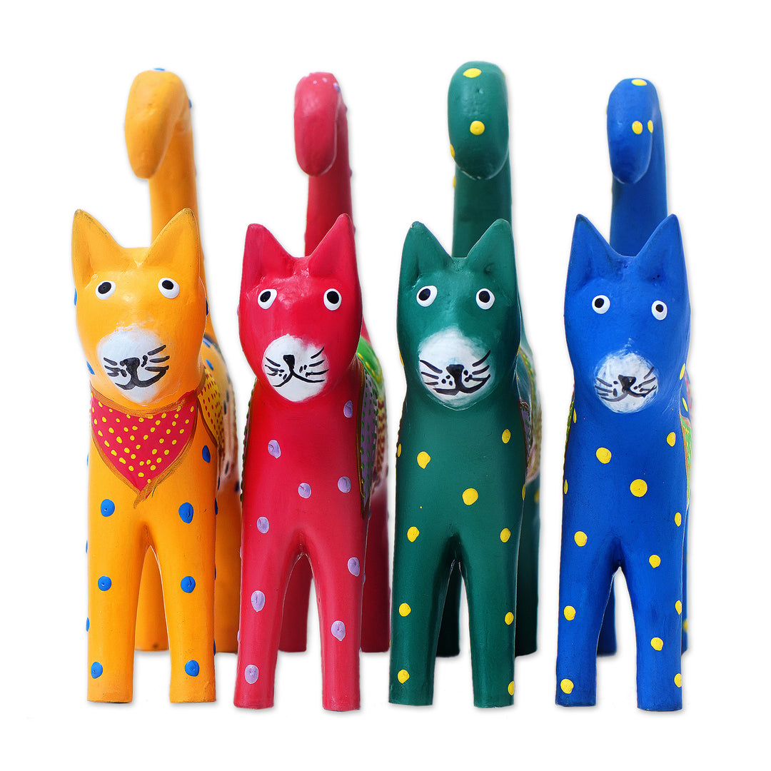 Set of 4 Hand-Painted Wooden Cat-Themed Christmas Ornaments - Cat Tails