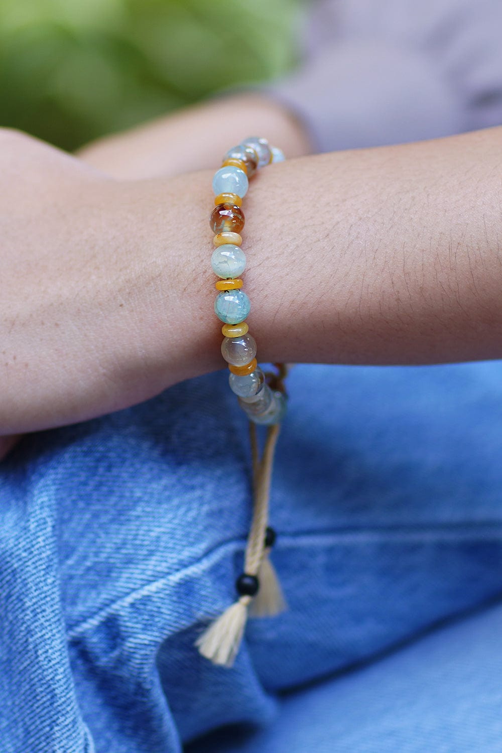 Adjustable Inspirational Aquamarine Beaded Bracelet - Interior Fire