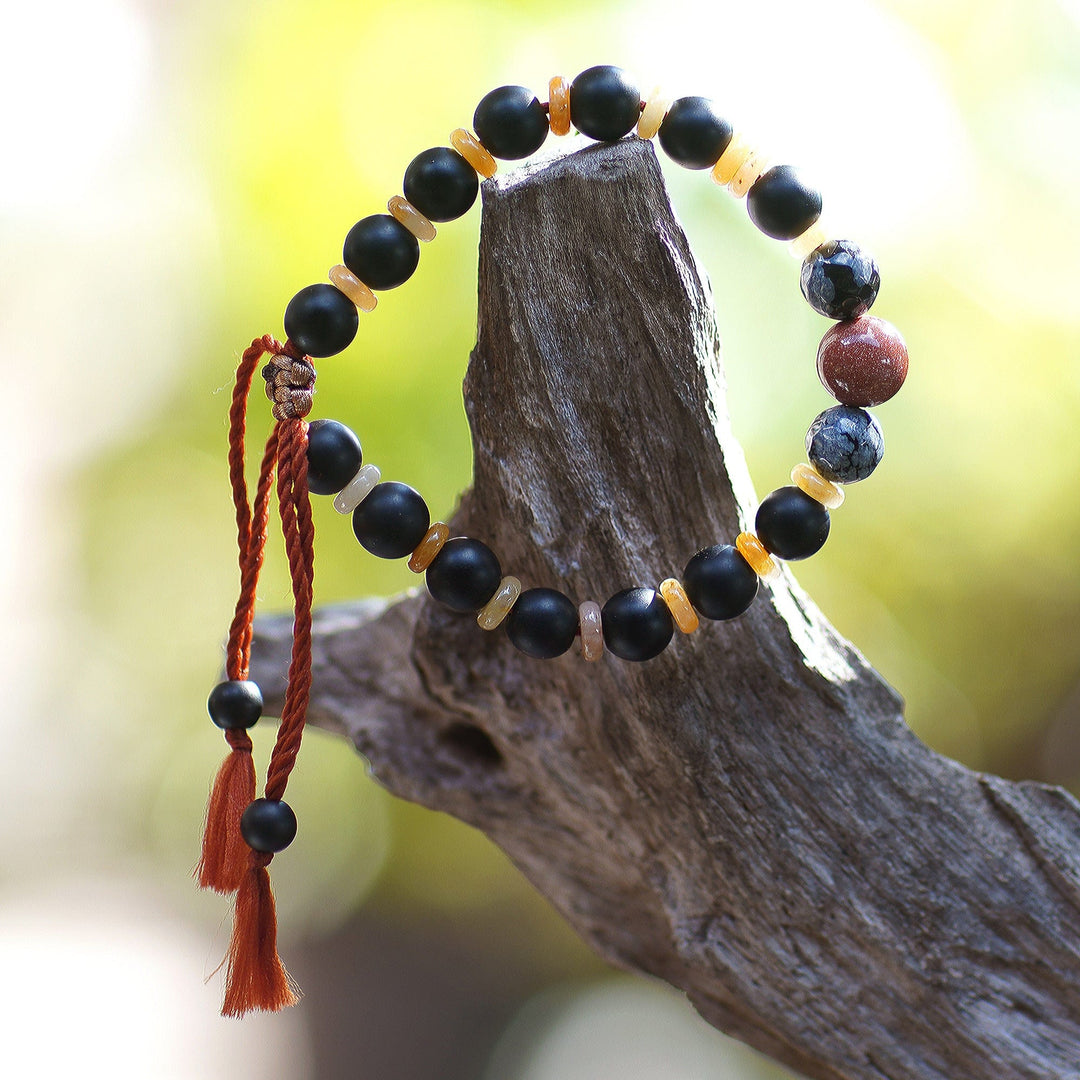 Adjustable Inspirational Onyx and Obsidian Beaded Bracelet - Interior Mystery