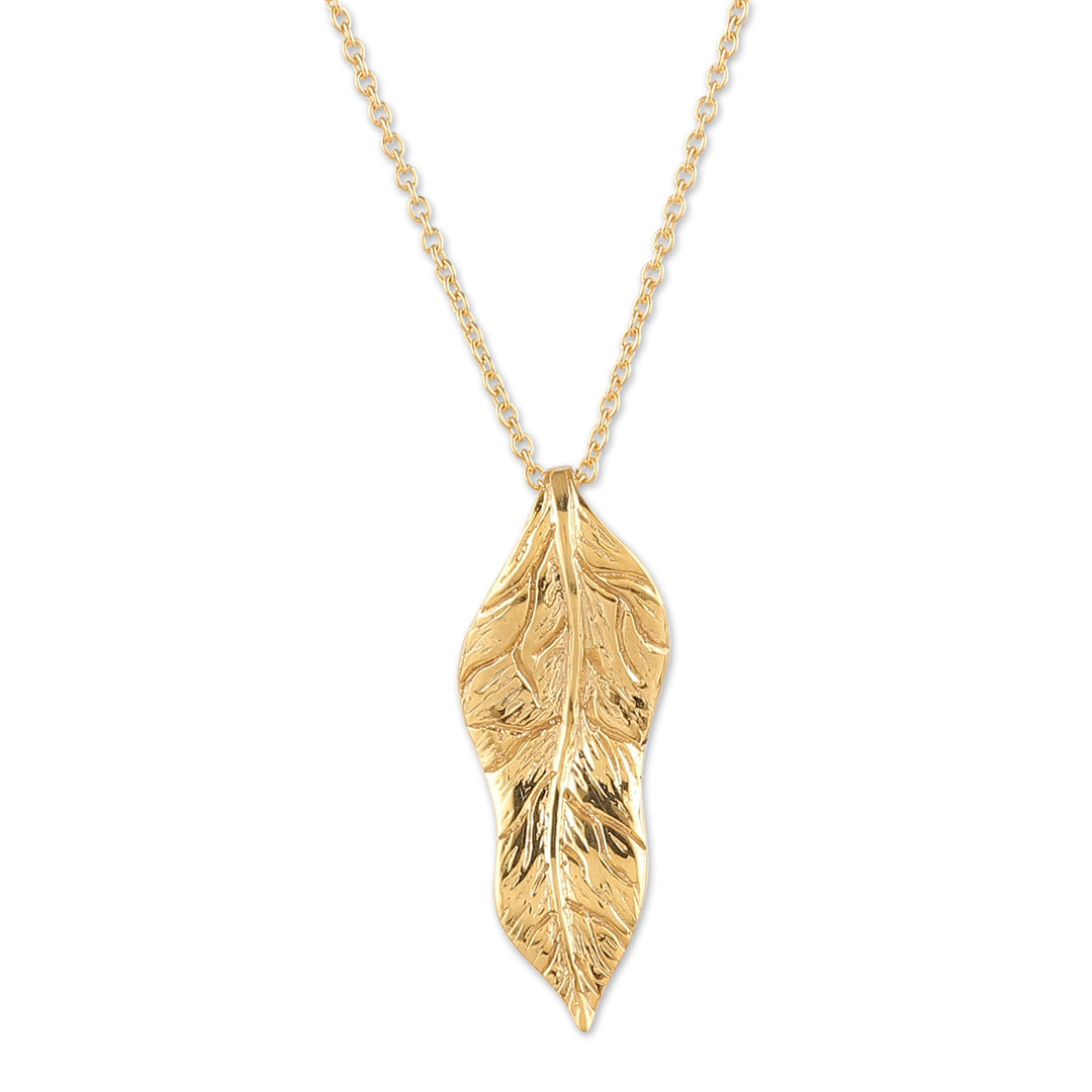 High-Polished Leafy Brass Pendant Necklace from India - Autumnal Triumph