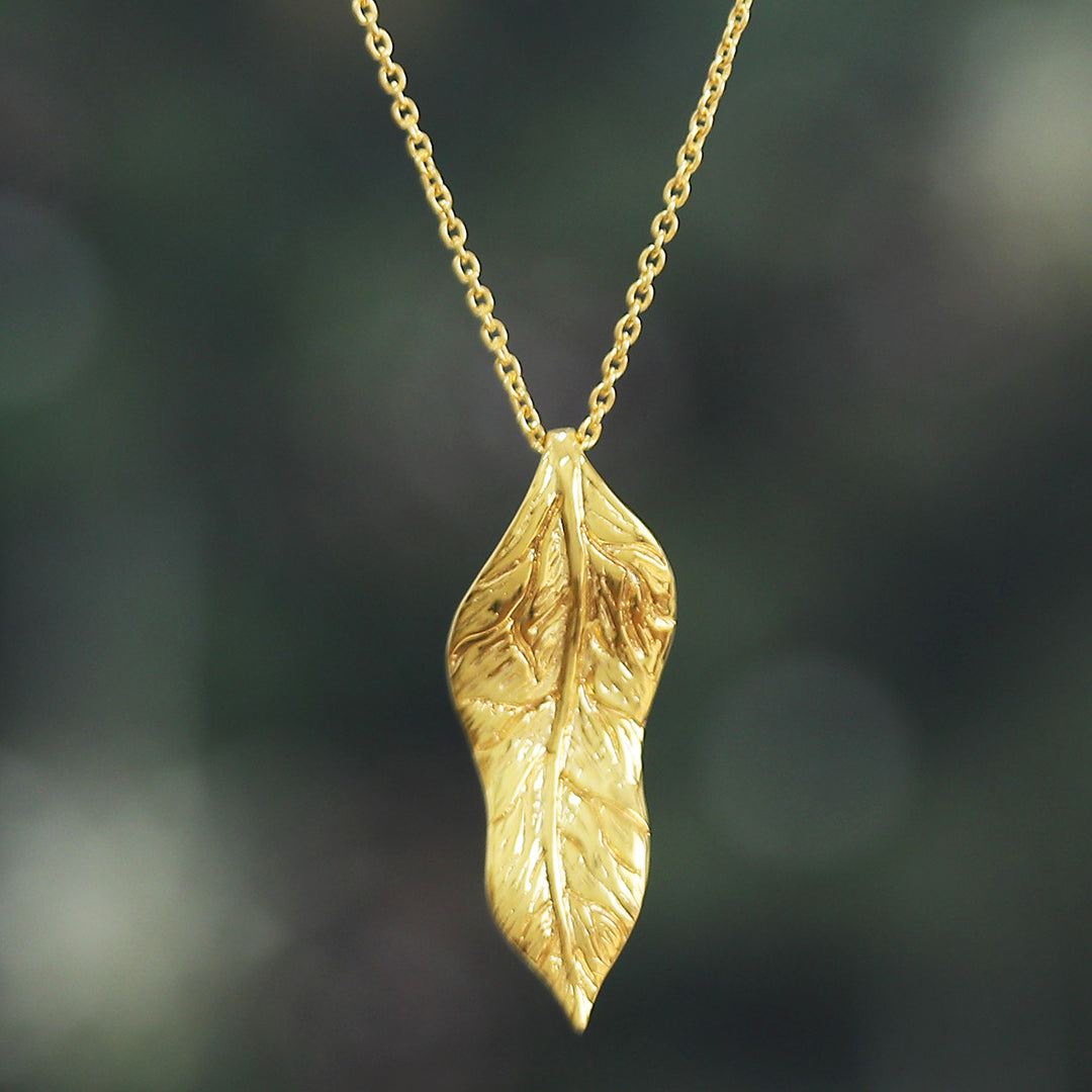 High-Polished Leafy Brass Pendant Necklace from India - Autumnal Triumph