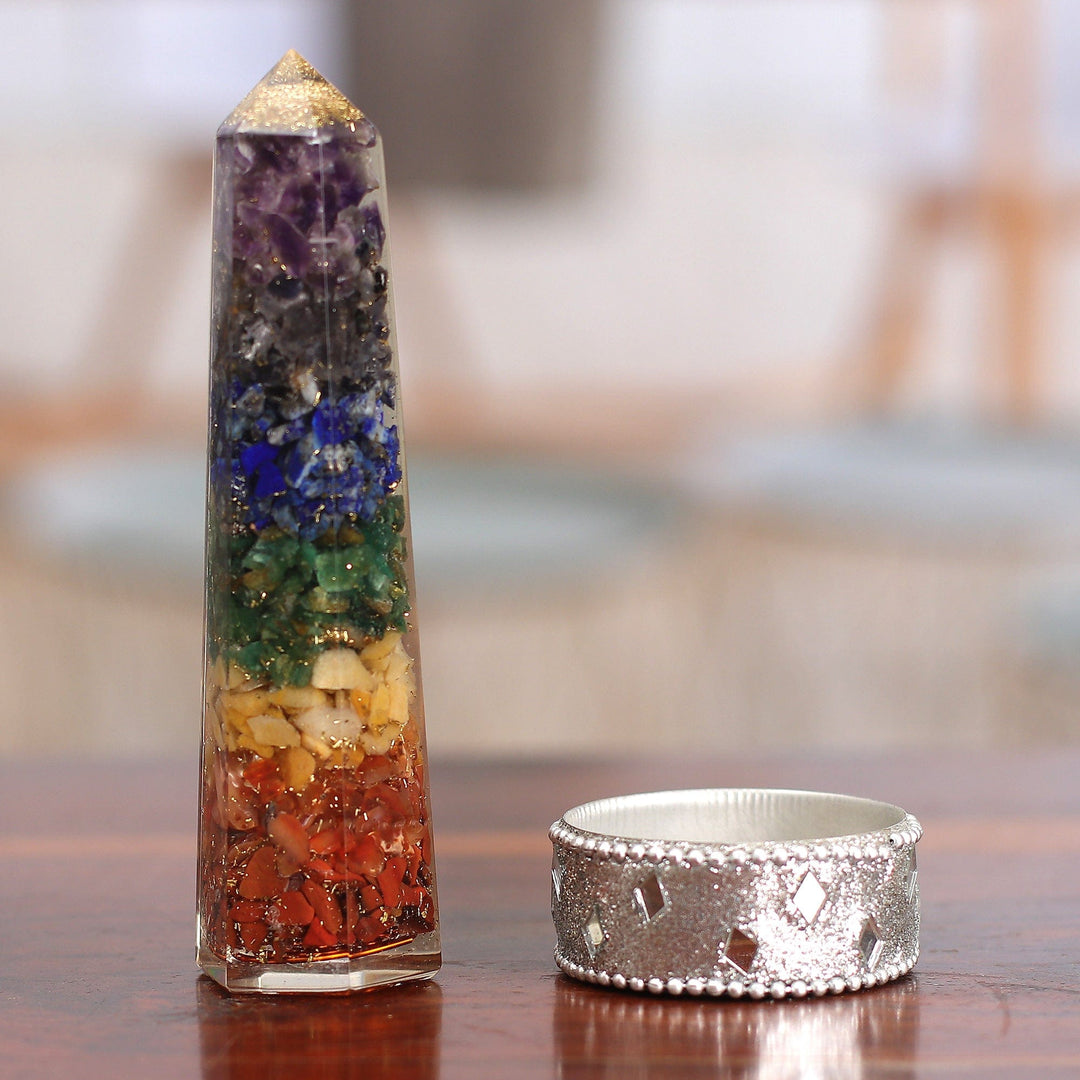 Chakra-Inspired Multi-Gemstone Obelisk Sculpture from India - Beams from your Soul