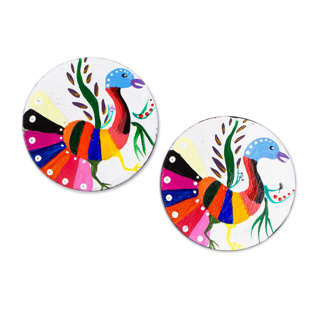 Pair of Hand-Painted Alebrije Peacock-Themed Wood Coasters - Magical Peacocks