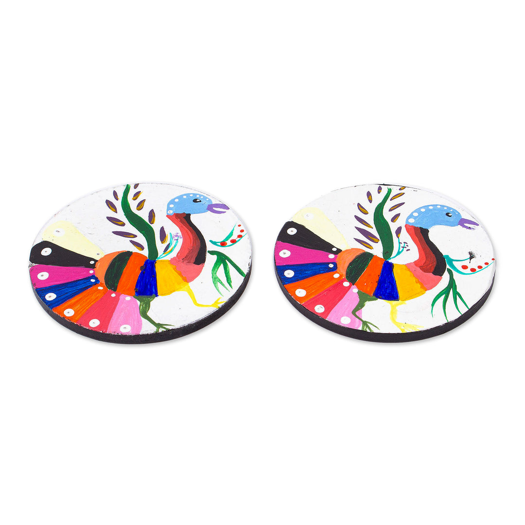 Pair of Hand-Painted Alebrije Peacock-Themed Wood Coasters - Magical Peacocks