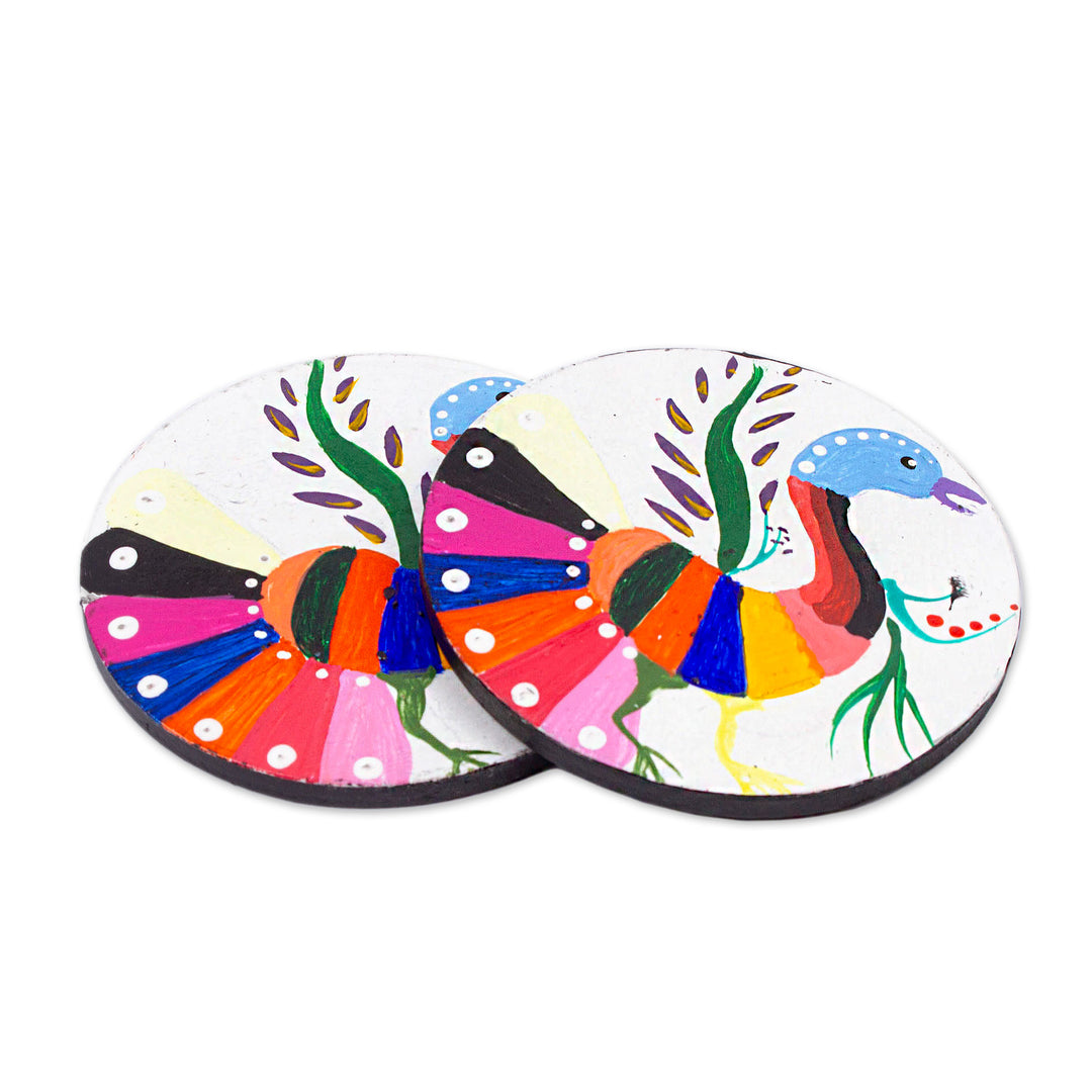 Pair of Hand-Painted Alebrije Peacock-Themed Wood Coasters - Magical Peacocks