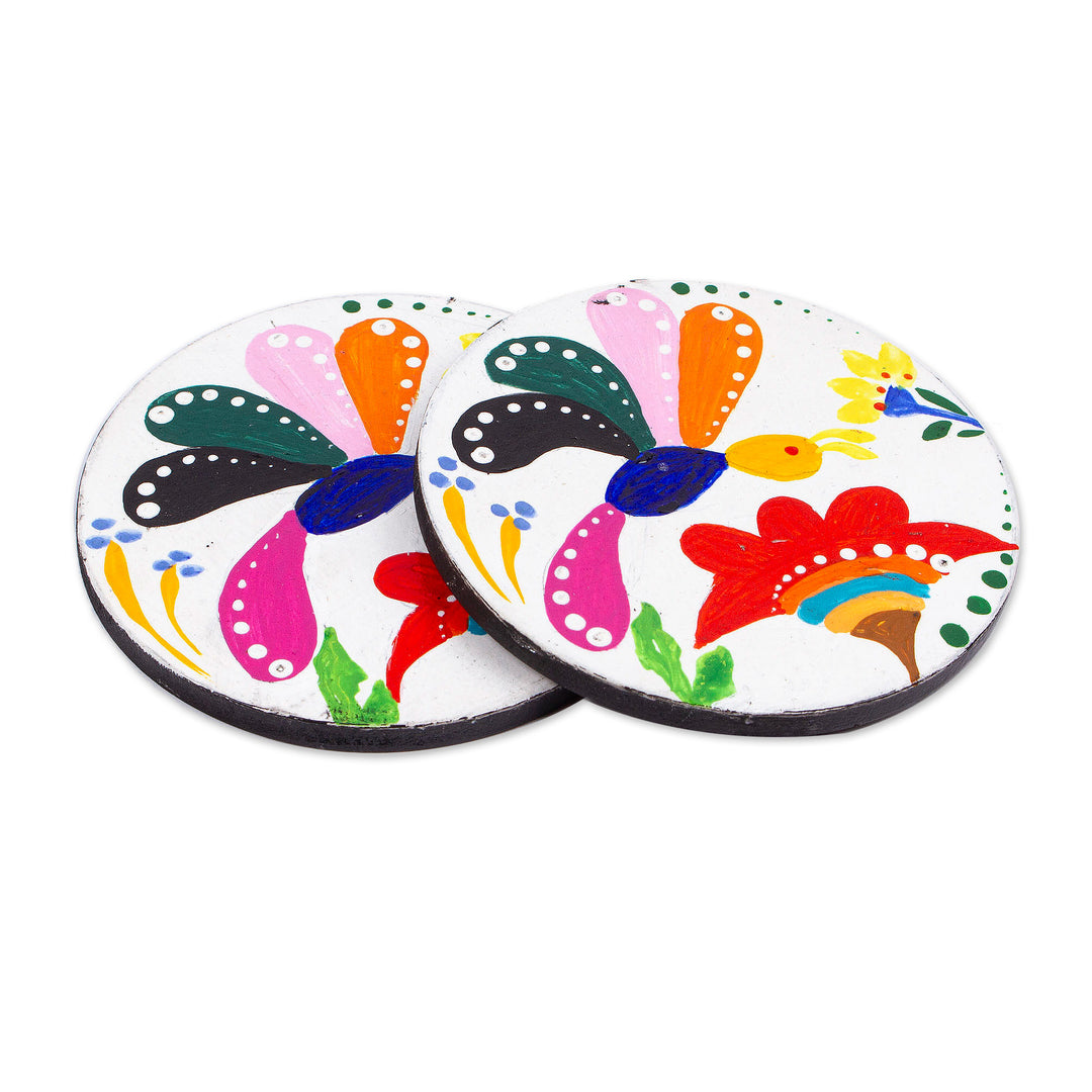 Pair of Hand-Painted Alebrije Dragonfly-Themed Wood Coasters - Magical Dragonflies