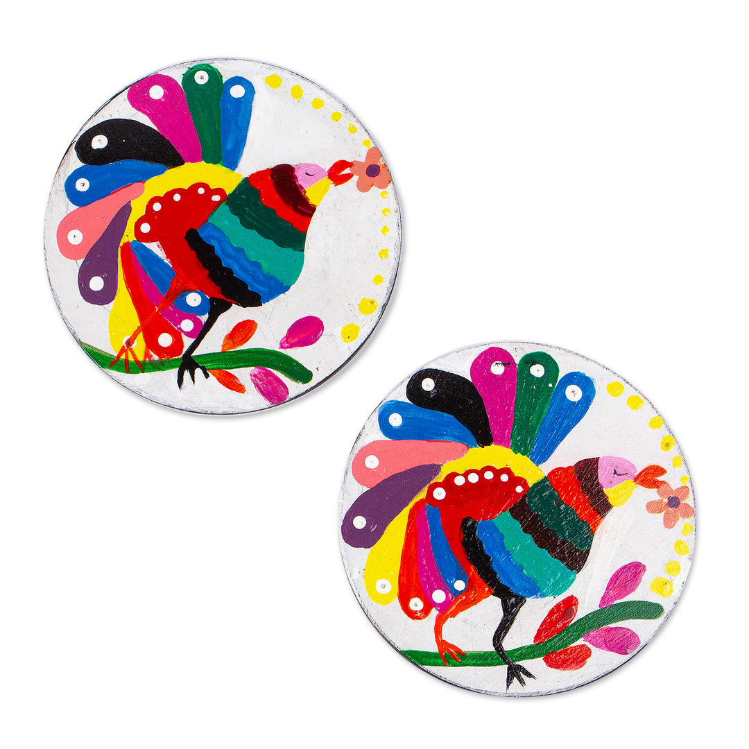 Pair of Hand-Painted Alebrije Bird-Themed Wood Coasters - Magical Birds