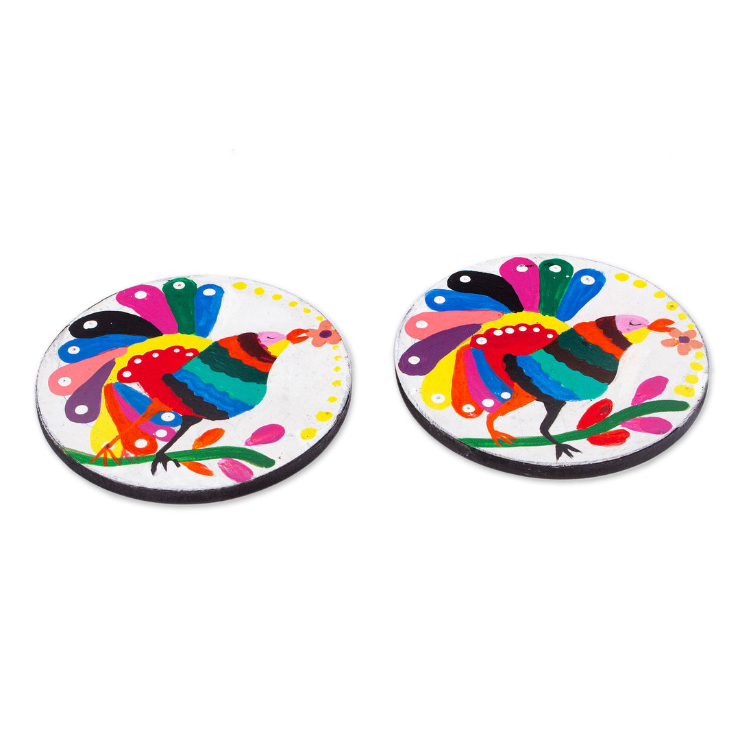 Pair of Hand-Painted Alebrije Bird-Themed Wood Coasters - Magical Birds