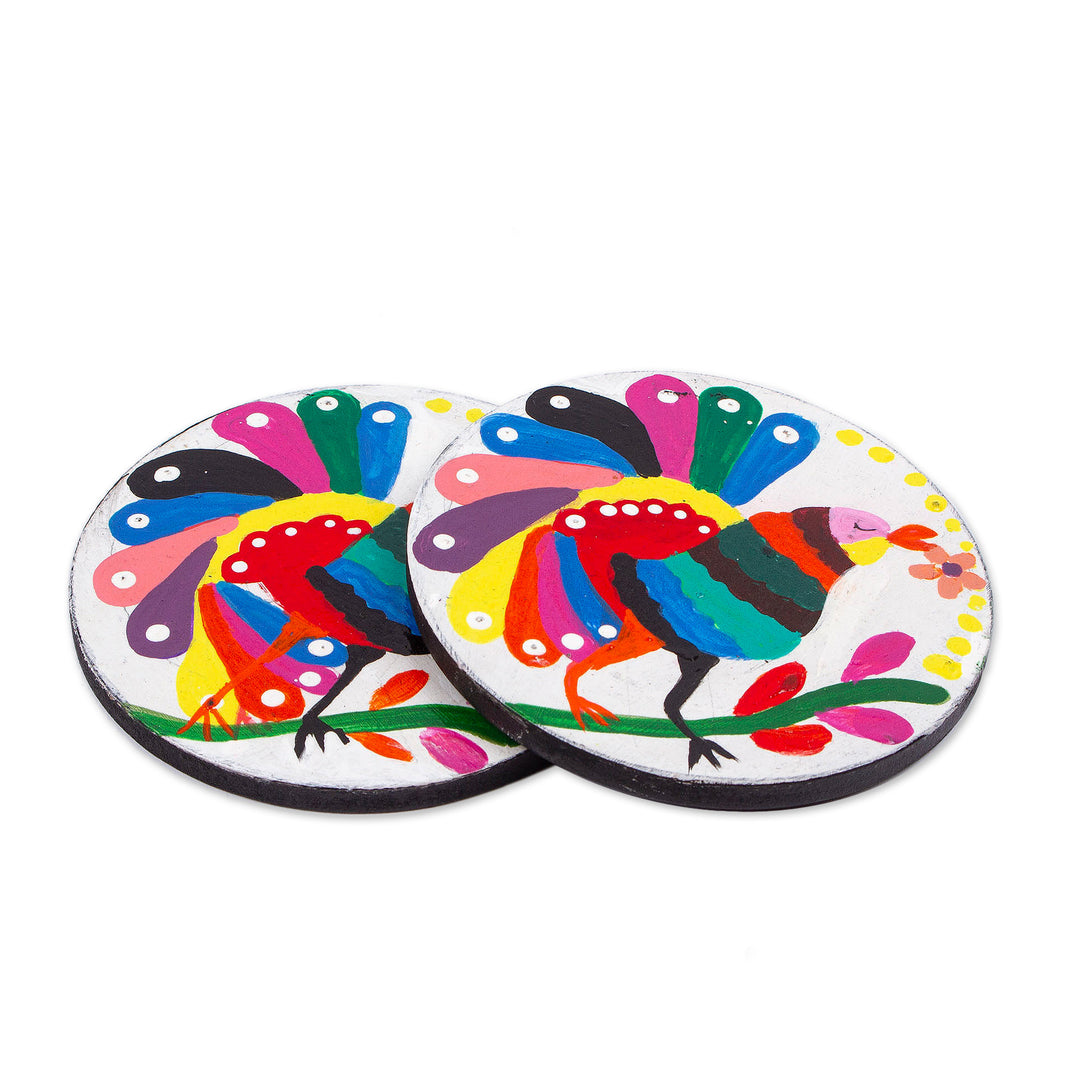 Pair of Hand-Painted Alebrije Bird-Themed Wood Coasters - Magical Birds