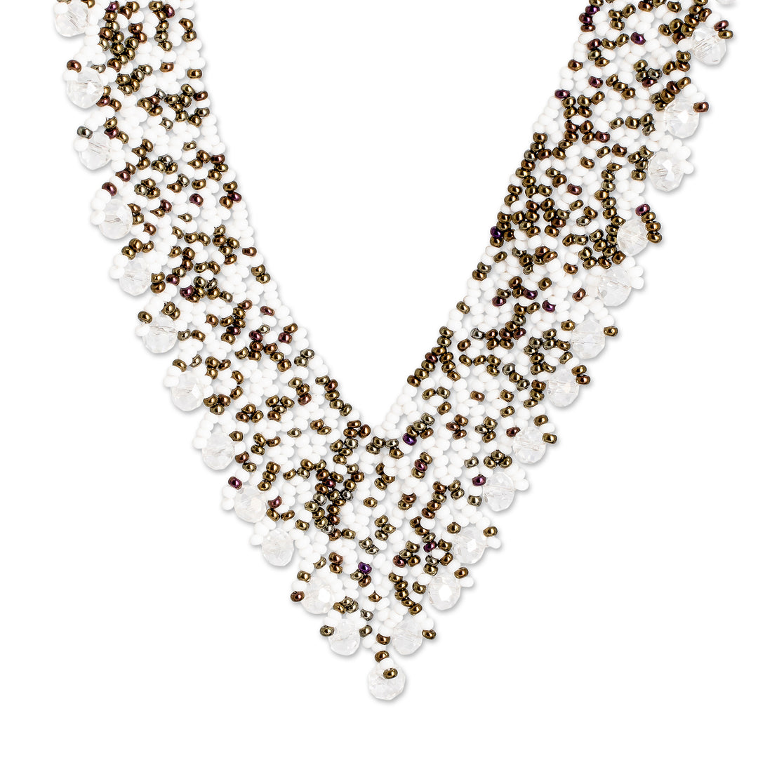 Crystal and Glass Beaded V-Shaped White Statement Necklace - Queen of the Night