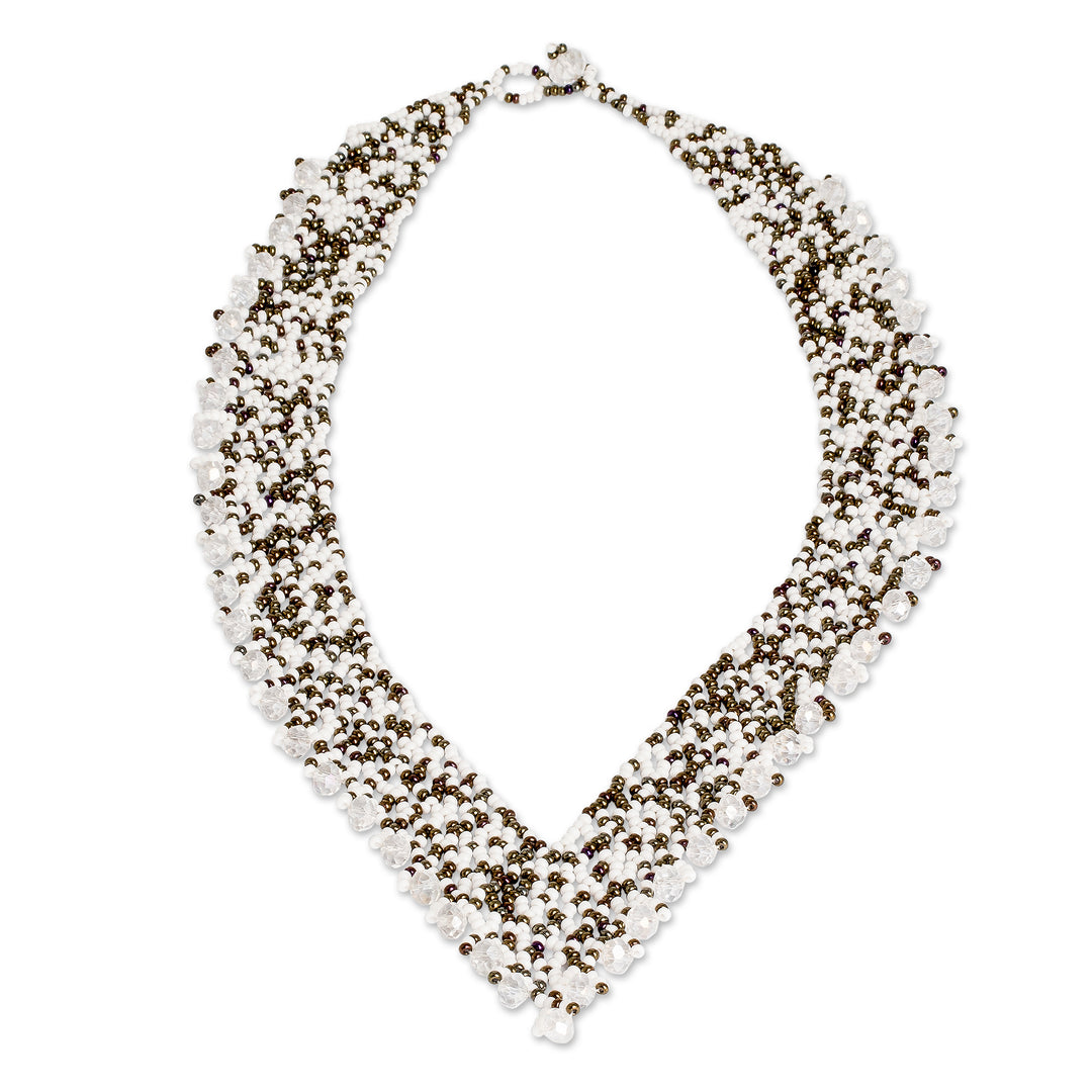 Crystal and Glass Beaded V-Shaped White Statement Necklace - Queen of the Night