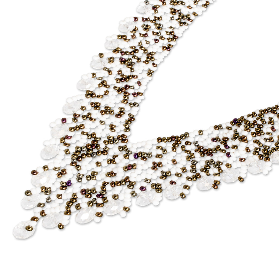 Crystal and Glass Beaded V-Shaped White Statement Necklace - Queen of the Night
