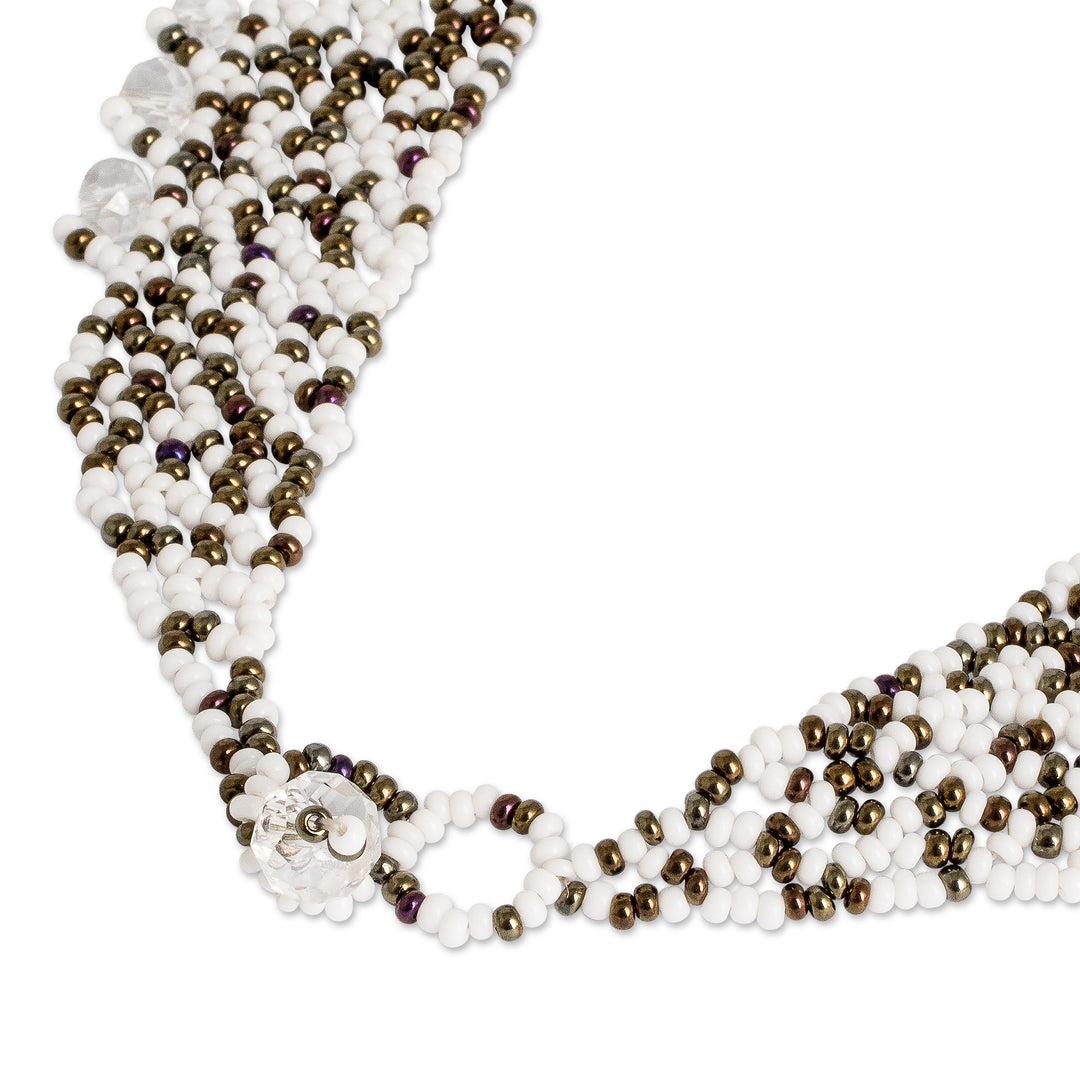 Crystal and Glass Beaded V-Shaped White Statement Necklace - Queen of the Night