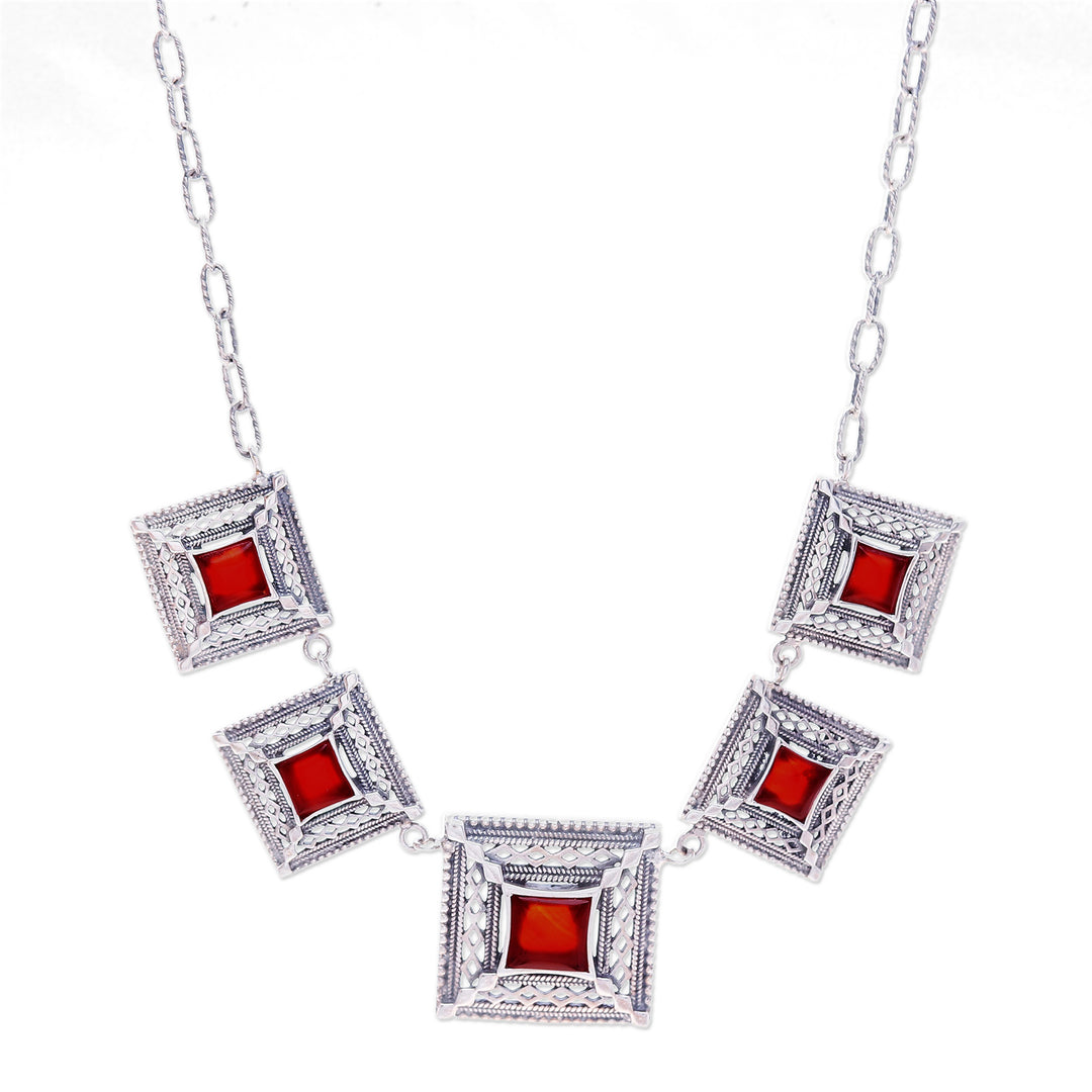 Natural Carnelian Link Necklace with Square Pendants - Autumn Majesty