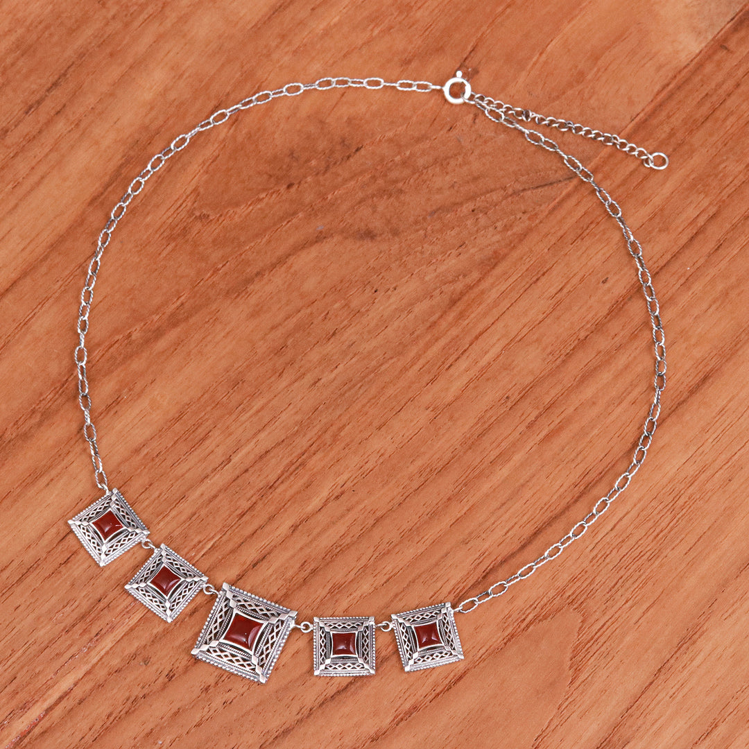 Natural Carnelian Link Necklace with Square Pendants - Autumn Majesty