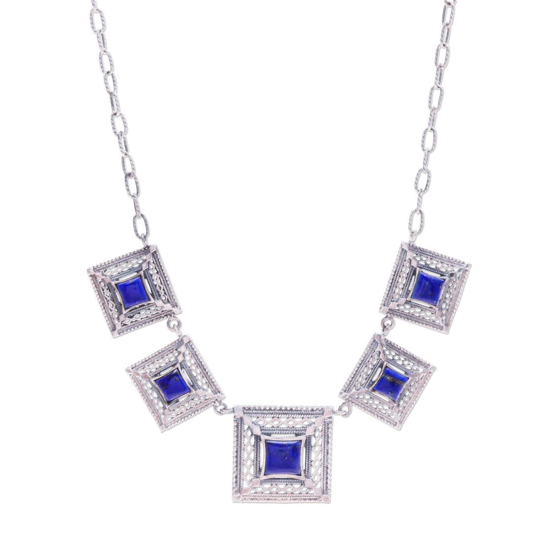 Lapis Lazuli Cabochon Link Necklace with Square Pendants - Enchanted Majesty