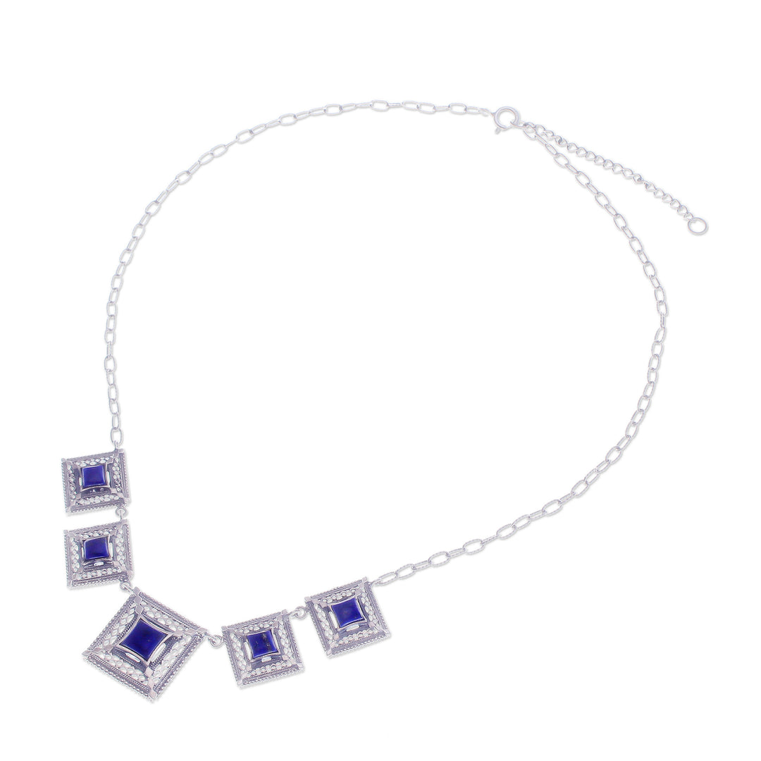 Lapis Lazuli Cabochon Link Necklace with Square Pendants - Enchanted Majesty