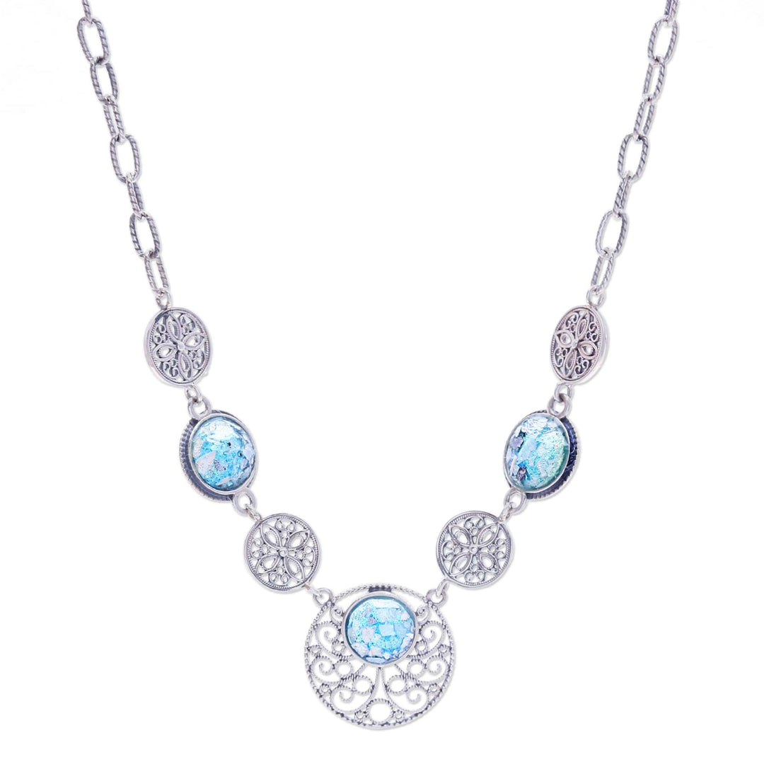 Floral Roman Glass Link Necklace with Filigree Pendants - Fairyland Reflections