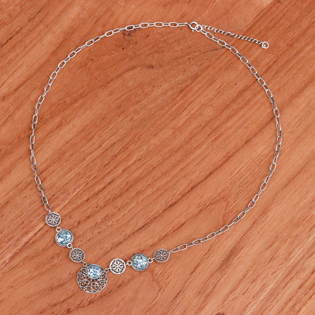 Floral Roman Glass Link Necklace with Filigree Pendants - Fairyland Reflections