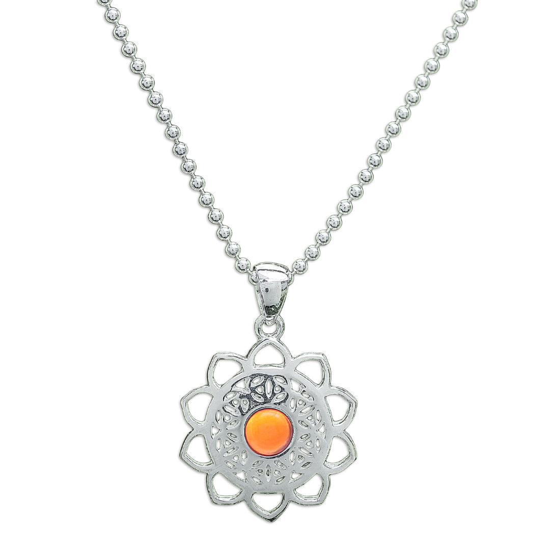 Openwork Carnelian Silver Chakra Floral Pendant Necklace - Blooming in Red