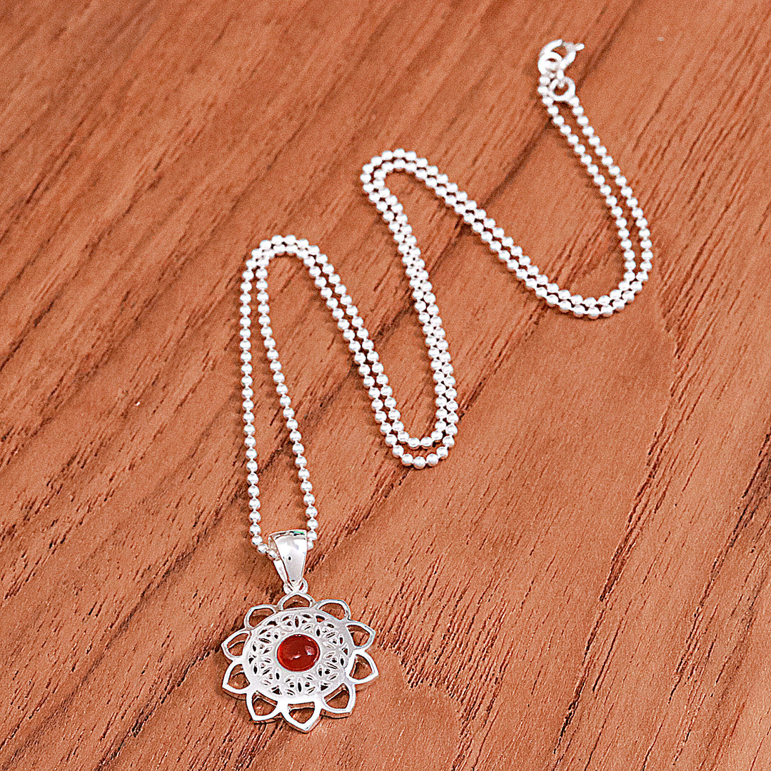 Openwork Carnelian Silver Chakra Floral Pendant Necklace - Blooming in Red