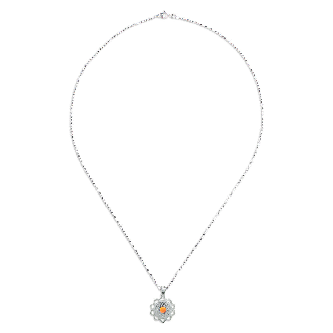 Openwork Carnelian Silver Chakra Floral Pendant Necklace - Blooming in Red