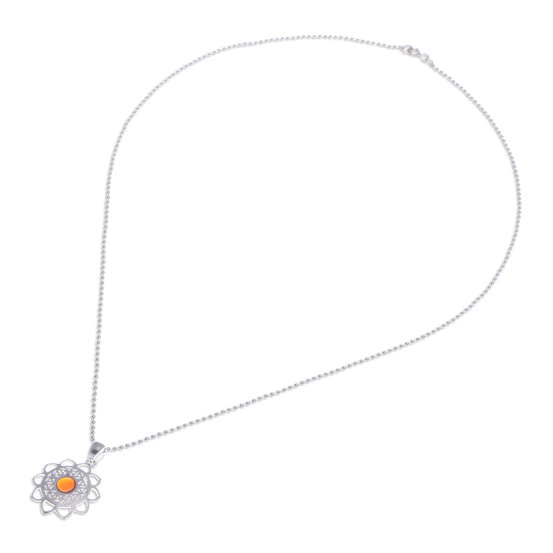 Openwork Carnelian Silver Chakra Floral Pendant Necklace - Blooming in Red