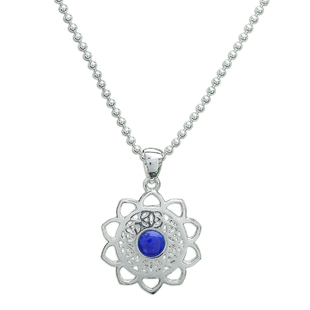 Openwork Lapis Lazuli Silver Chakra Floral Pendant Necklace - Blooming in Blue