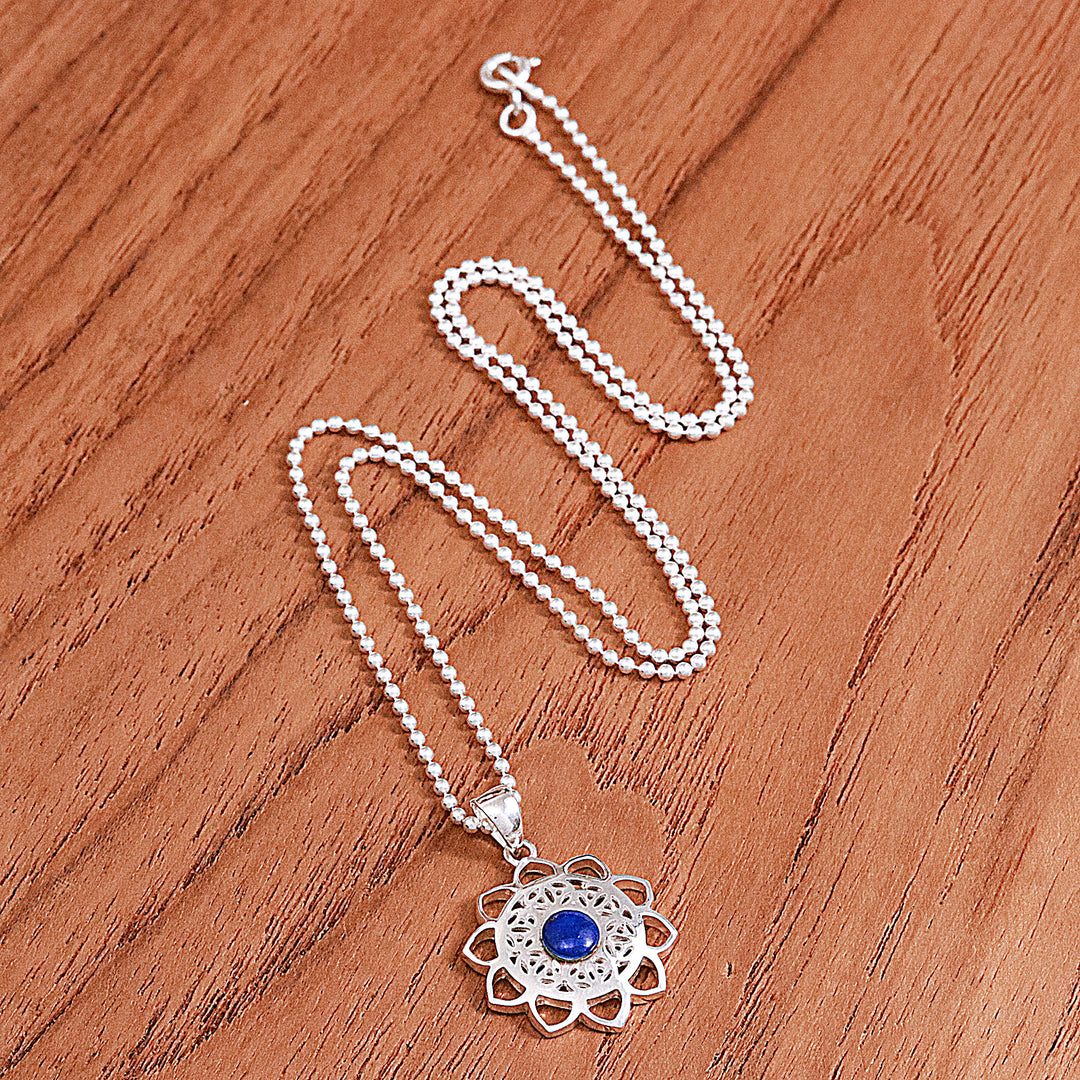 Openwork Lapis Lazuli Silver Chakra Floral Pendant Necklace - Blooming in Blue