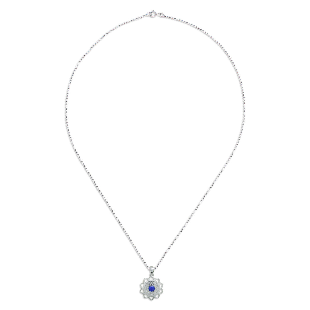 Openwork Lapis Lazuli Silver Chakra Floral Pendant Necklace - Blooming in Blue