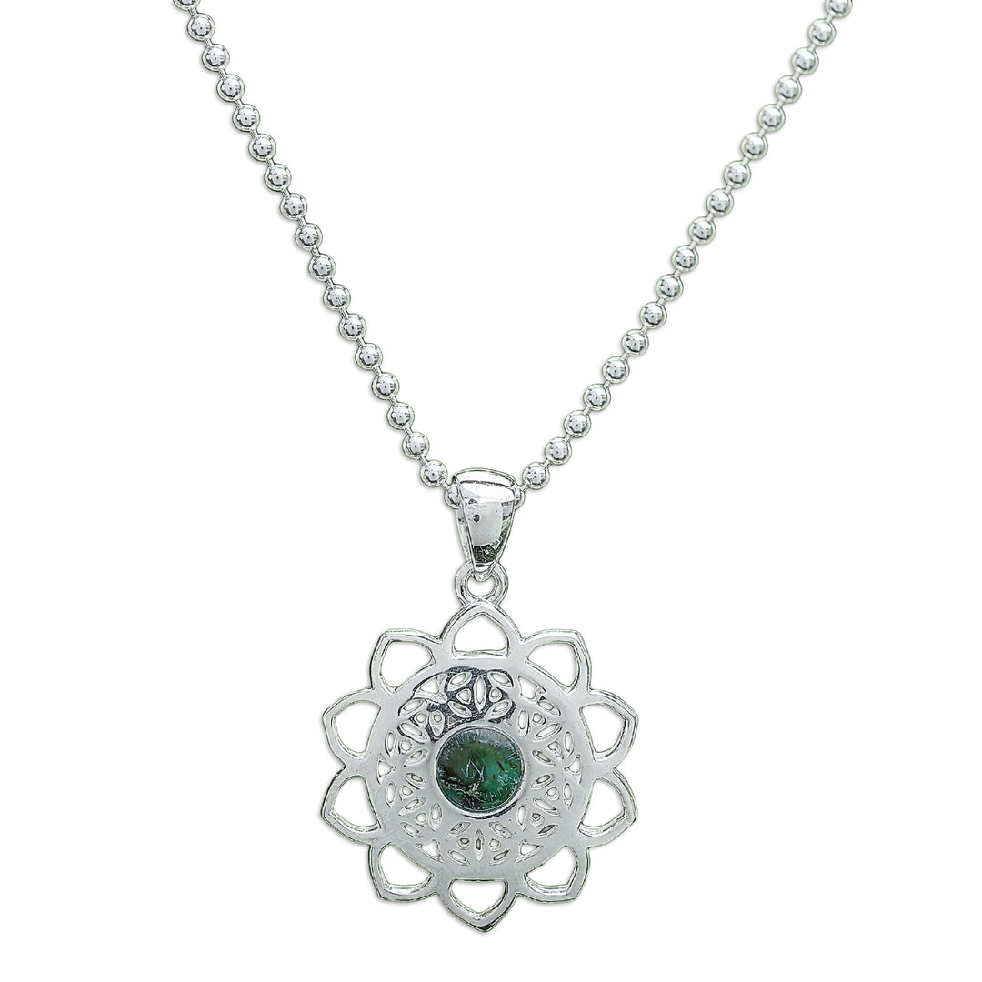 Reconstituted Turquoise Silver Floral Pendant Necklace - Blooming in Green