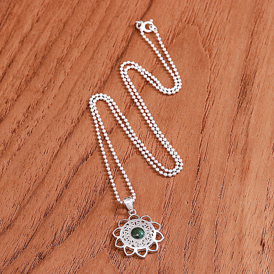 Reconstituted Turquoise Silver Floral Pendant Necklace - Blooming in Green