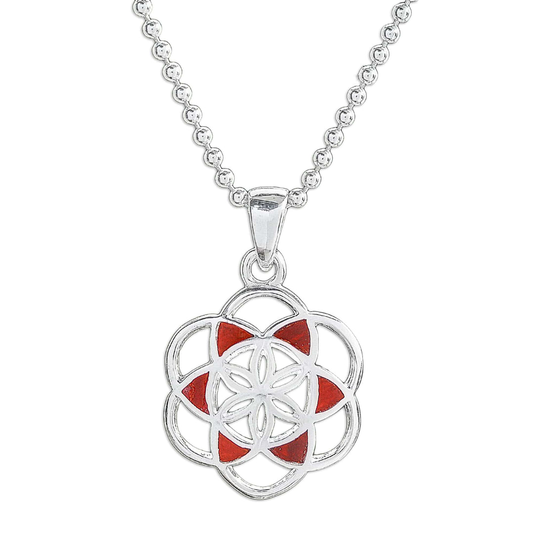 Carnelian Silver Chakra Floral Geometric Pendant Necklace - Red Floral Geometry