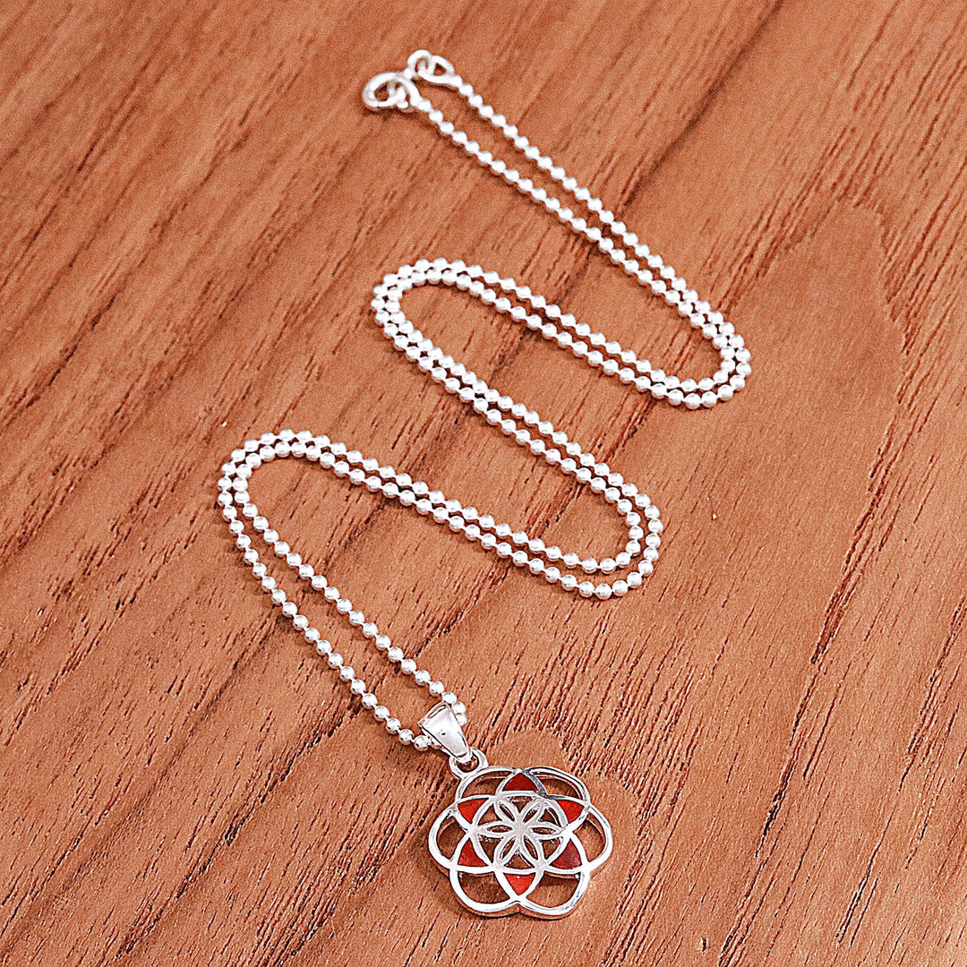 Carnelian Silver Chakra Floral Geometric Pendant Necklace - Red Floral Geometry