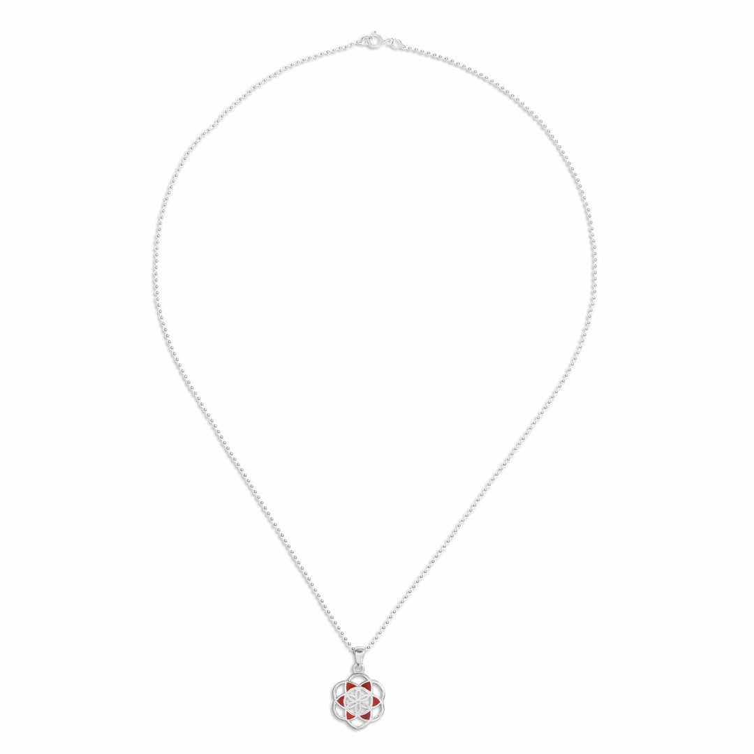 Carnelian Silver Chakra Floral Geometric Pendant Necklace - Red Floral Geometry
